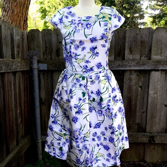 Blue violet floral white 2 pc cap sleeve crop top & full skirt set S M L NWT - Picture 13 of 13